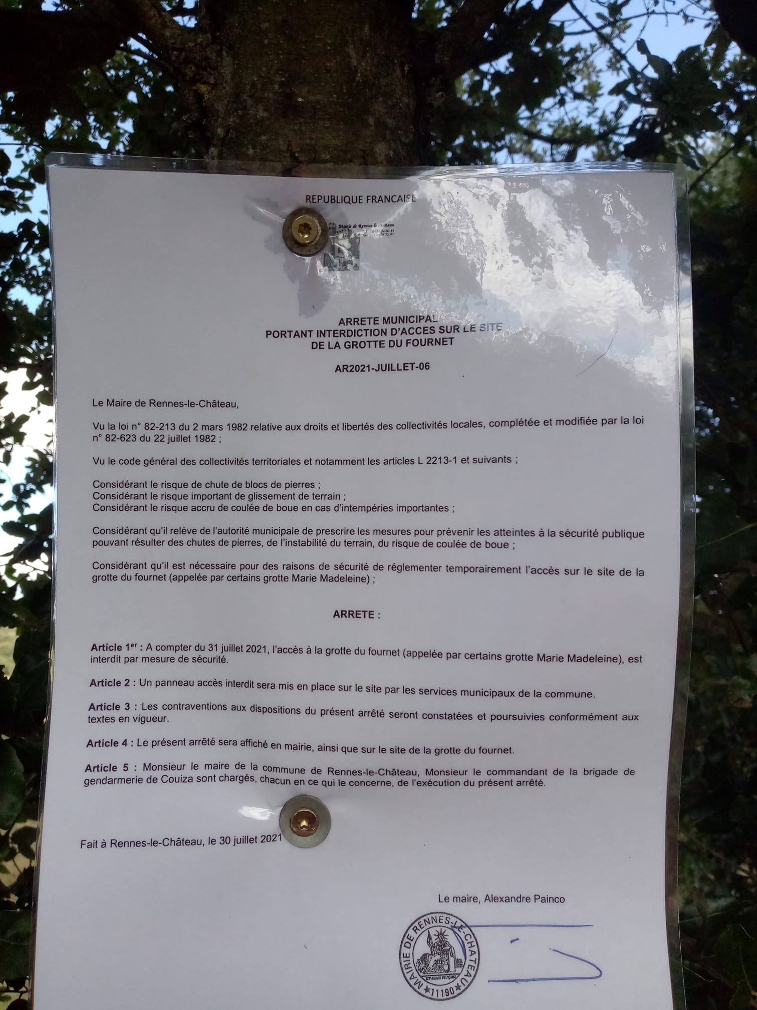 News : arrêté municipal de la commune de Rennes-le-Château interdisant l'entrée dans la grotte du Fournet dite de Marie-Madeleine.