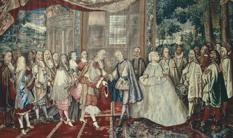 Louis XIV et Philippe IV d'Espagne se rencontrent sur l'île des Faisans le 6 juin 1660. Tapisserie française du XVIIe siècle de l'atelier de Jean Mozin.