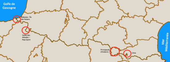 Carte de la frontière franco-espagnole avec des quatre cercles rouges.