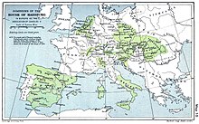 Carte de l'Europe en 1547 : l'empire de Charles Quint (en vert) inclut outre l'actuelle Espagne, les Pays-Bas espagnols, la Franche-Comté et une partie du Luxembourg