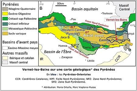 Vernet-les-Bains sur une carte géologique des Pyrénées.
